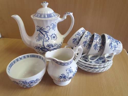 Blue & White J & G Meakin England Classic White Blue Nordic Teapot, Sugar Bowl, Milk Jug, 4 teacups