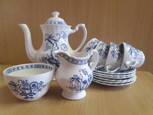 Blue & White J & G Meakin England Classic White Blue Nordic Teapot, Sugar Bowl, Milk Jug, 4 teacups
