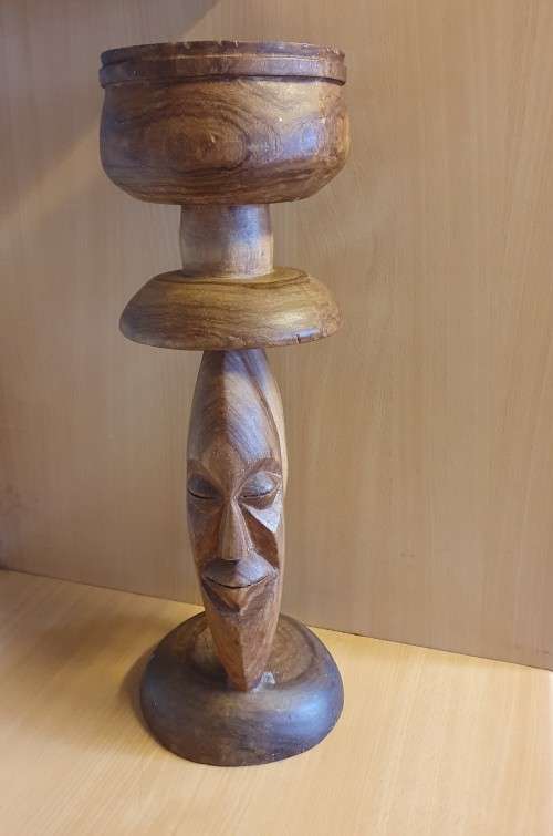 Carved Wooden Face Figurine Stand with Bowl