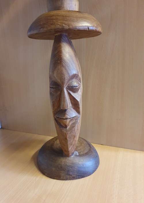 Carved Wooden Face Figurine Stand with Bowl