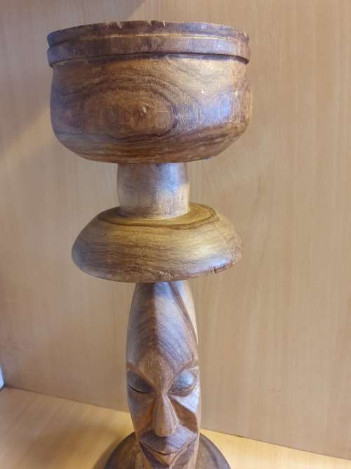 Carved Wooden Face Figurine Stand with Bowl