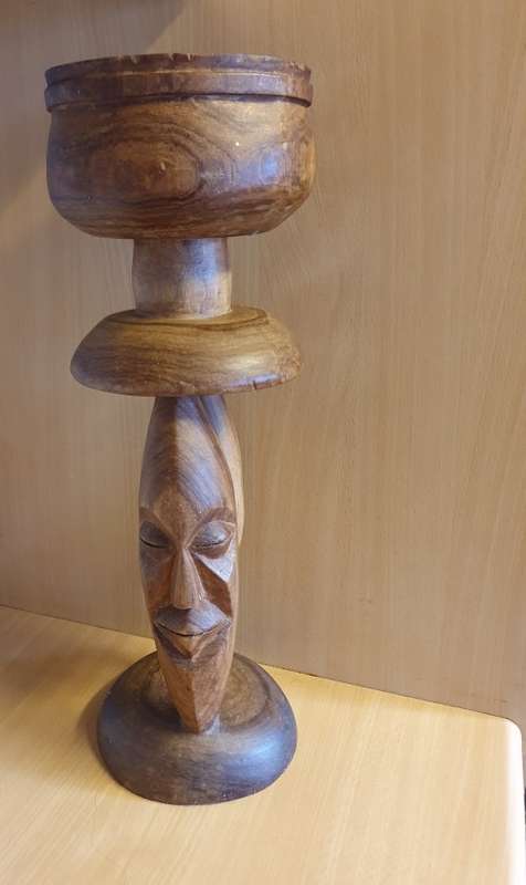 Carved Wooden Face Figurine Stand with Bowl