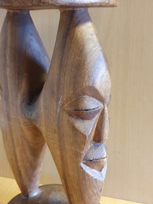 Carved Wooden Face Figurine Stand with Bowl