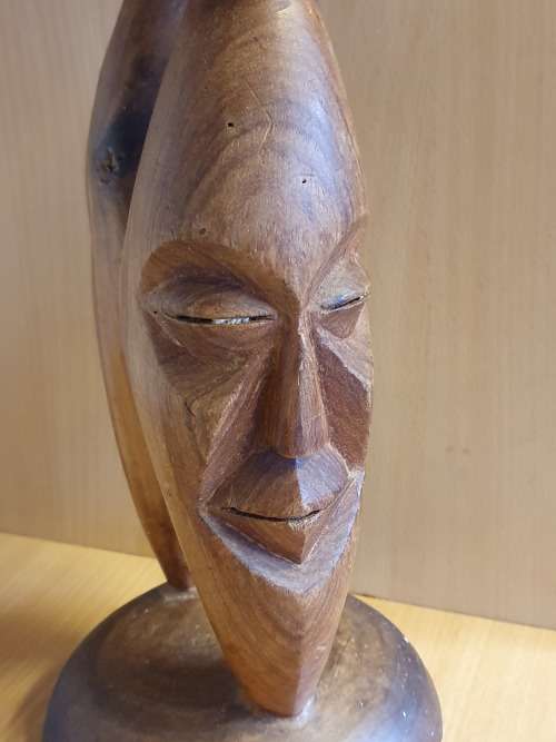 Carved Wooden Face Figurine Stand with Bowl