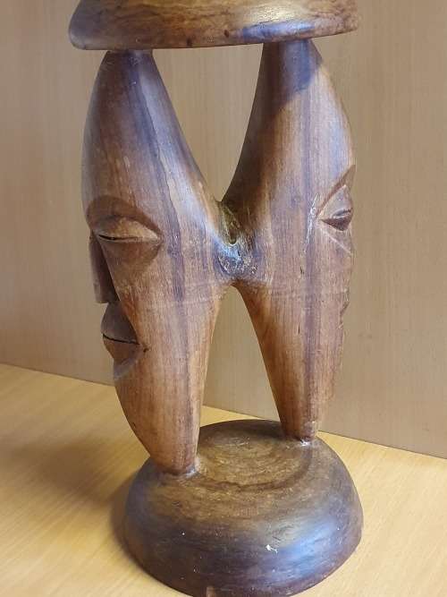 Carved Wooden Face Figurine Stand with Bowl