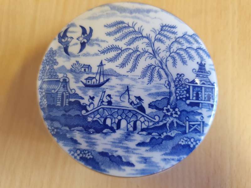 Round Blue & White Hillchurch Pottery Hand Engraved Pattern  Trinket Dish
