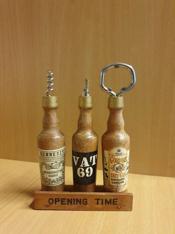 Set of 3 Vintage Wooden Bar Accessories - Corkscrew, Bottle Opener..