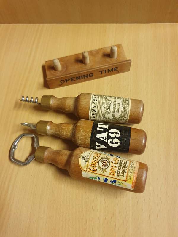 Set of 3 Vintage Wooden Bar Accessories - Corkscrew, Bottle Opener..