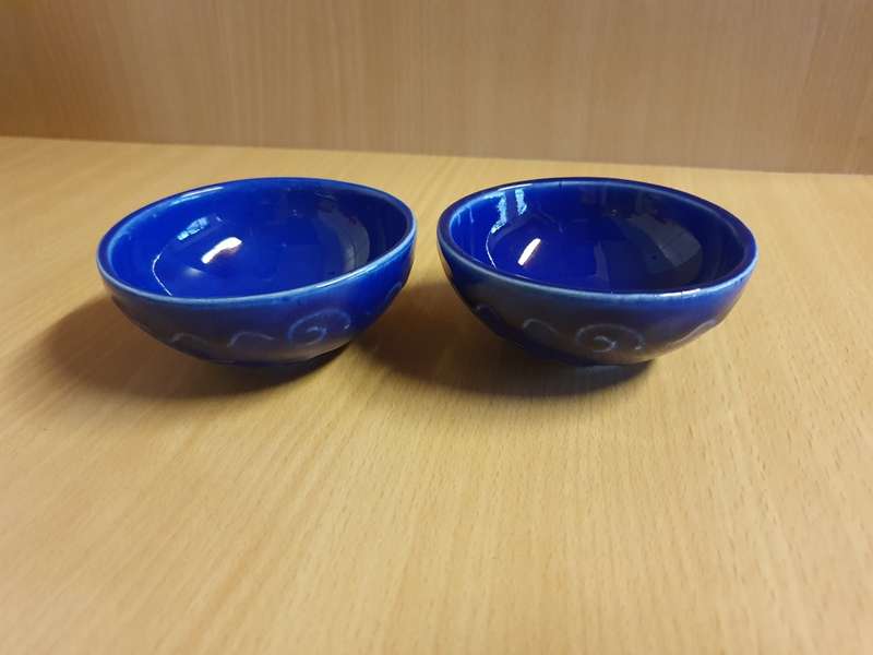Set of 2 Small Round Blue Ceramic Bowls - height 3cm width 8cm
