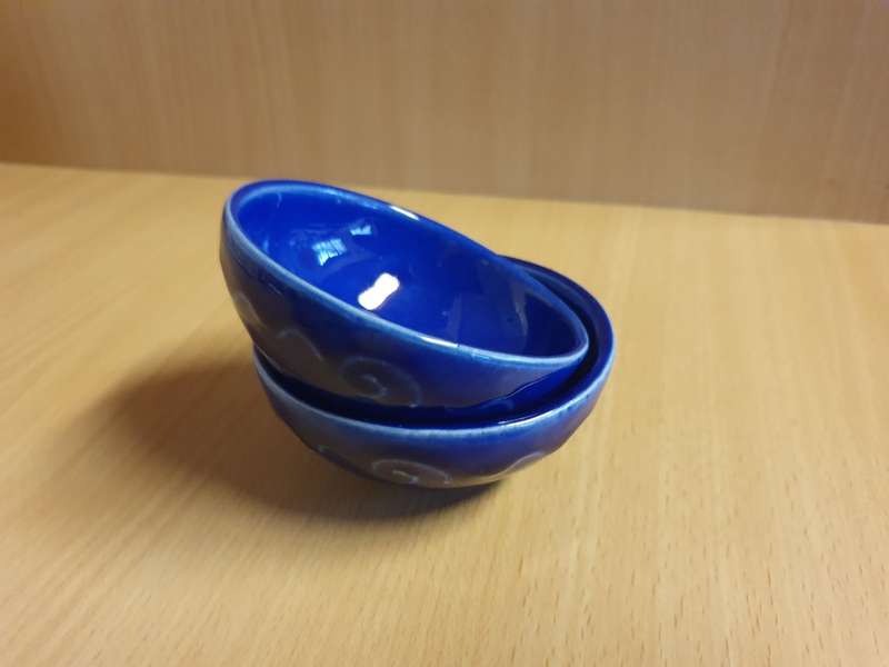 Set of 2 Small Round Blue Ceramic Bowls - height 3cm width 8cm