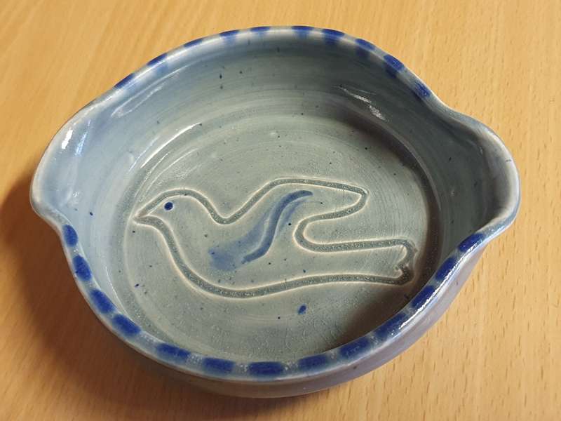 Blue Stoneware Dish with Bird Detail - width 13cm height 3cm