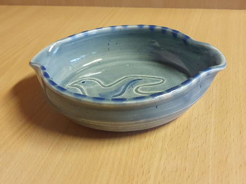 Blue Stoneware Dish with Bird Detail - width 13cm height 3cm