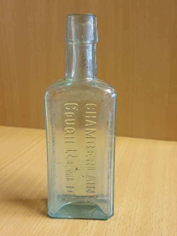 Vintage Glass Bottle - Chamberlain`s Cough Remedy - height 14cm width 5cm
