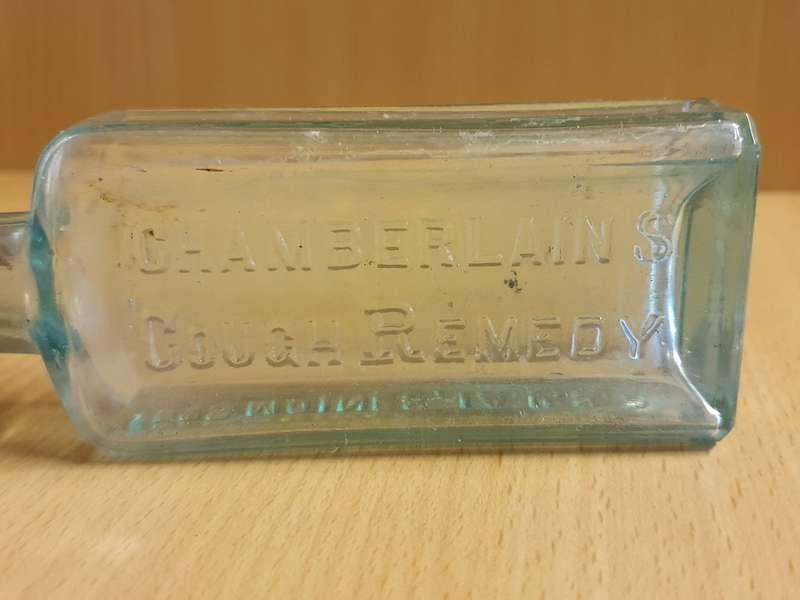 Vintage Glass Bottle - Chamberlain`s Cough Remedy - height 14cm width 5cm