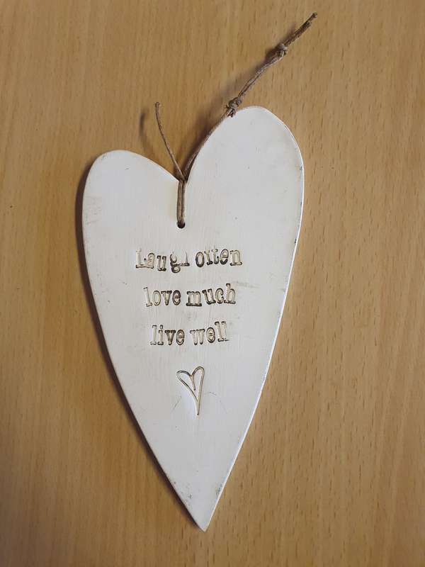 Stoneware Heart Shaped Wall Hanging - Laugh Often, Love Much, Live Well-16cm x 9cm
