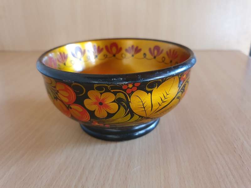 Round Floral Pattern Wooden Bowl - width 13cm height 7cm