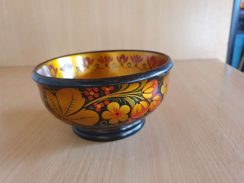 Round Floral Pattern Wooden Bowl - width 13cm height 7cm