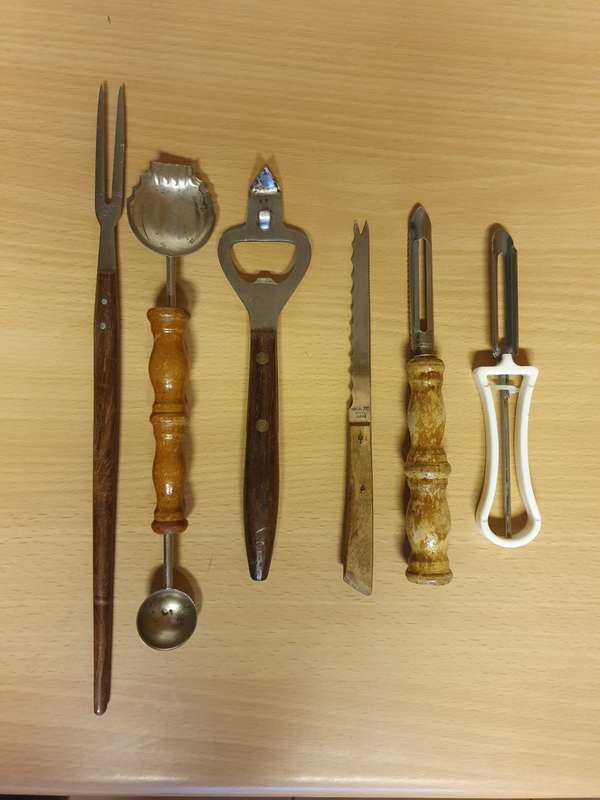 Lot of 6 Vintage Kitchen Tools (Melon baller, butter curler, peeler, bottle opener)