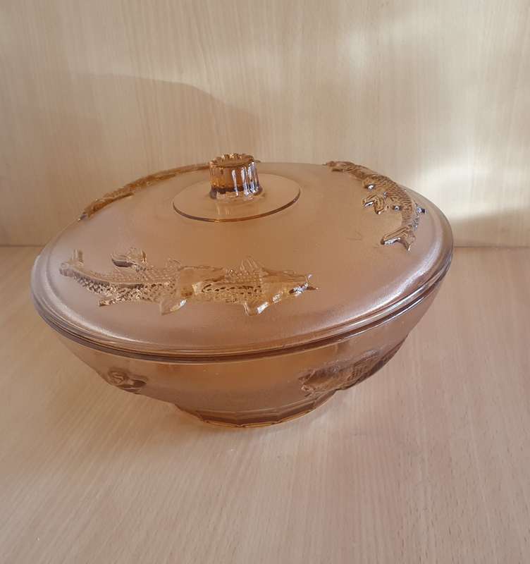 Vintage Fish Patterned Round Lidded Glass Dish