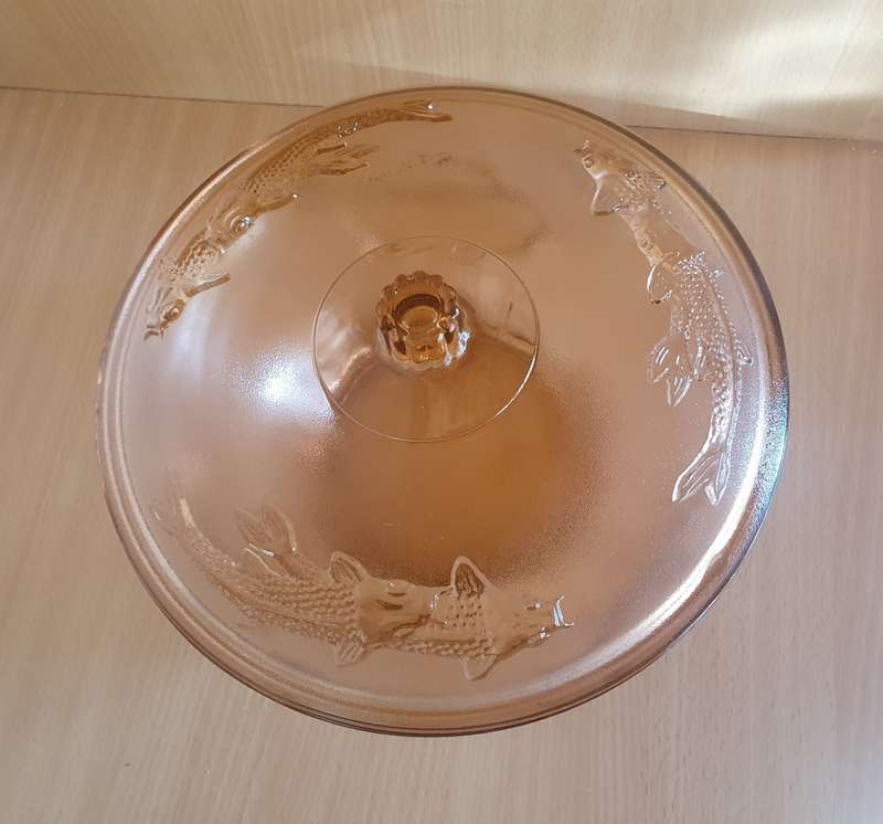 Vintage Fish Patterned Round Lidded Glass Dish
