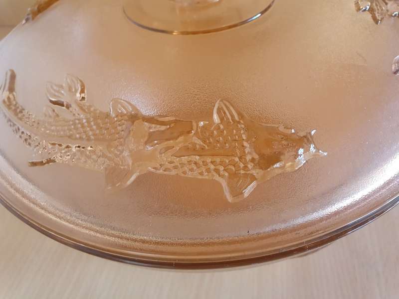 Vintage Fish Patterned Round Lidded Glass Dish