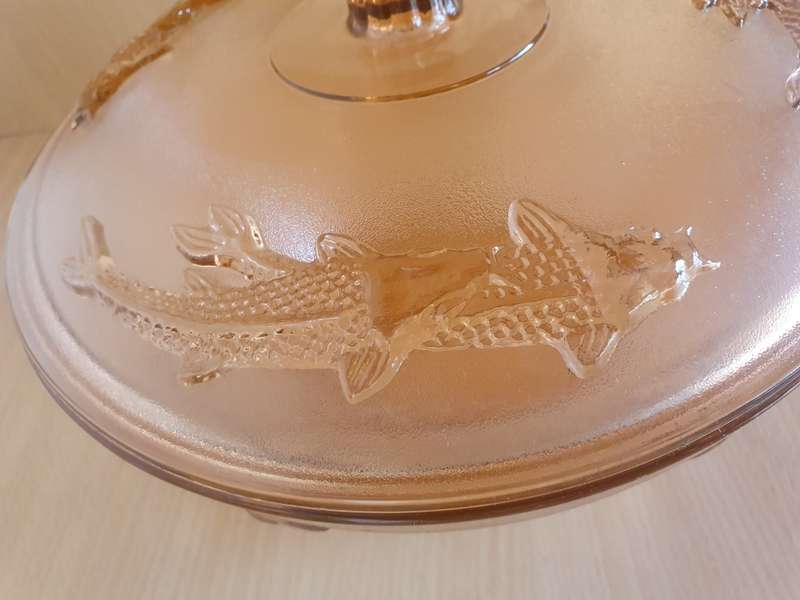 Vintage Fish Patterned Round Lidded Glass Dish