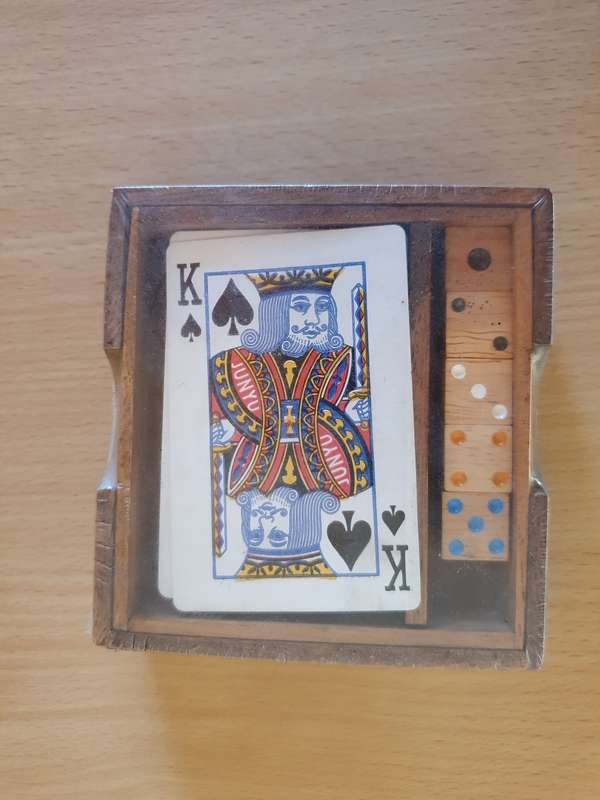 Wooden Box with Playing Cards & Dice