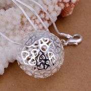 PRETTY 925 HOLLOW FILIGREE SILVER BALL PENDANT NECKLACE