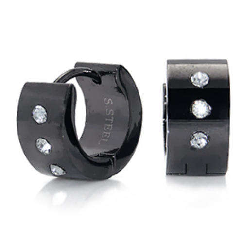 Black Stainless Steel &White Crystal Huggies Earrings