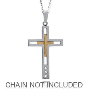 Two Tone Stainless Steel& Genuine Crystal Cross Pendant