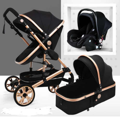 Baby Pram Stroller - 3 Function Foldable Baby Pram with Car Seat- Black & Gold