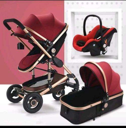 Baby Pram Stroller - 3 Function Foldable Baby Pram with Car Seat - Wine red