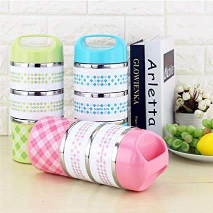 Kitchen Inner Steel Thermal Insulated Lunch Box Food Container - 3 Tier 1250 ml (Pink)