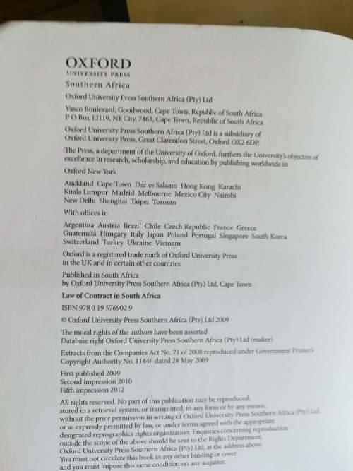 THE LAW OF CONTRACT , OXFORD, UNISA TEXTBOOK