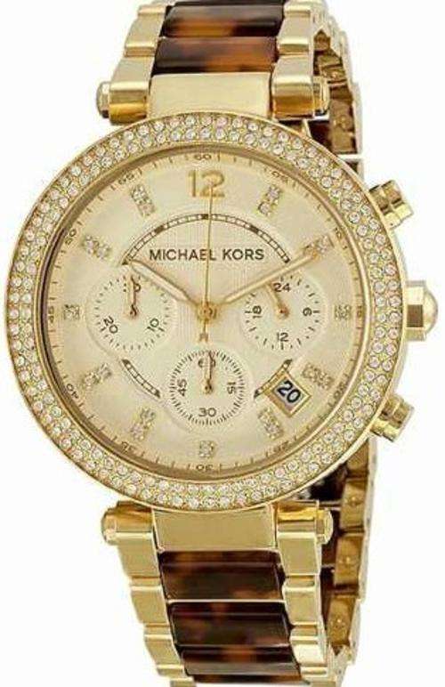 New Ladies Michael Kors Parker Gold-Tone and Tortoise Chronograph Watch