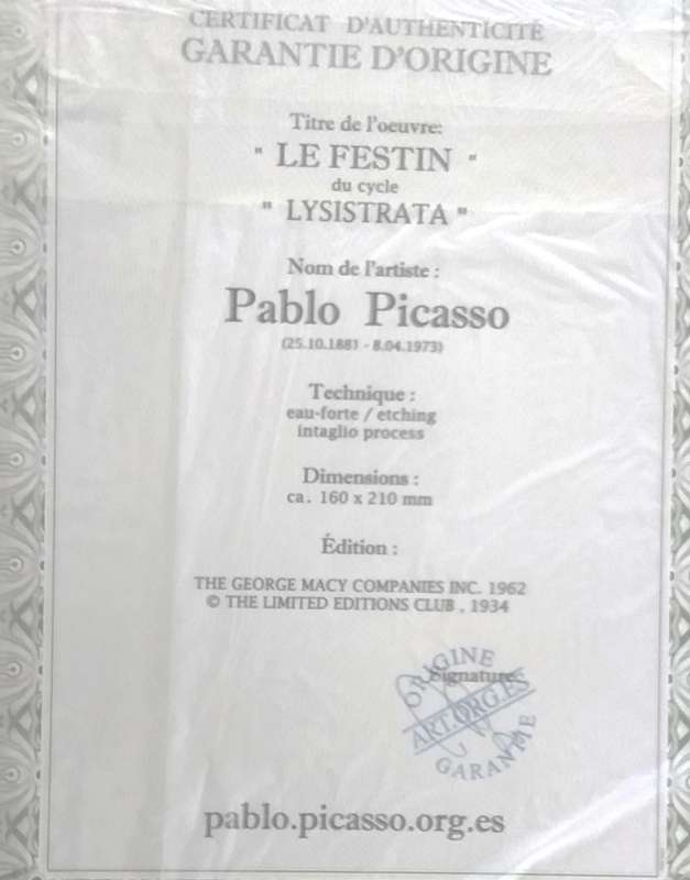 PABLO PICASSO. LE FESTIN. Hand printed intaglio print. Mint condition. COA attached.