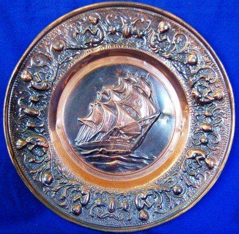 Beautiful Copper Wall Plaque with Sailing Ship Motif - Diameter 370mm