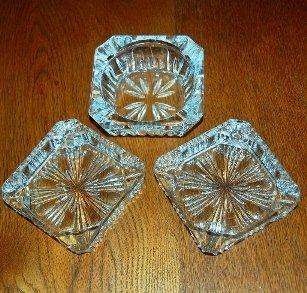 3 Attractive Cut Glass Ashtrays - 95mm Square