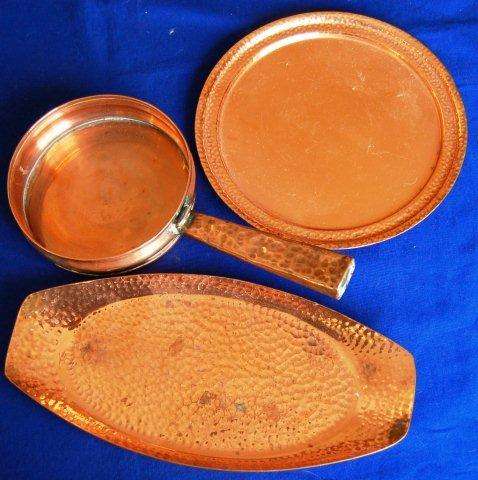 2 Copper Trays and a Pan - (Some wear noted) Round Tray Diameter is 225mm