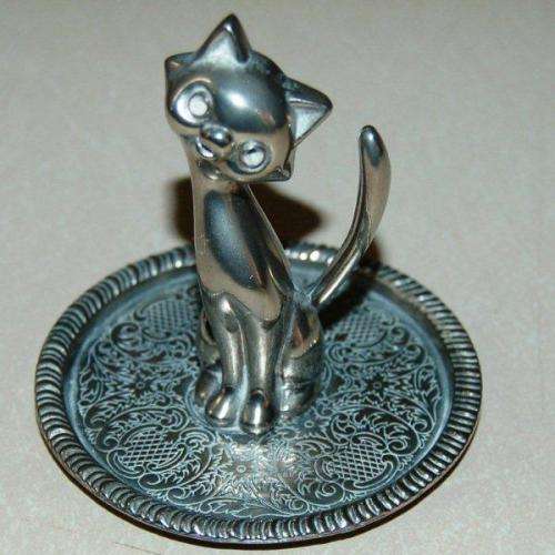 Silver Plated Cat Ring Holder and Trinket Tray - Height 80mm - Dia. 80mm