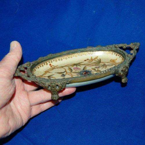 Vintage Chinese HUA RONG TANG ZHI Hand Painted Porcelain Bronze Dish - Length 215mm Width 95mm
