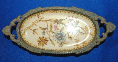 Vintage Chinese HUA RONG TANG ZHI Hand Painted Porcelain Bronze Dish - Length 215mm Width 95mm