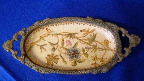Vintage Chinese HUA RONG TANG ZHI Hand Painted Porcelain Bronze Dish - Length 215mm Width 95mm