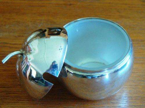 Silver Plated Apple Shaped Condiment Jar with glass inner - Height 100mm (Some Wear Noted)