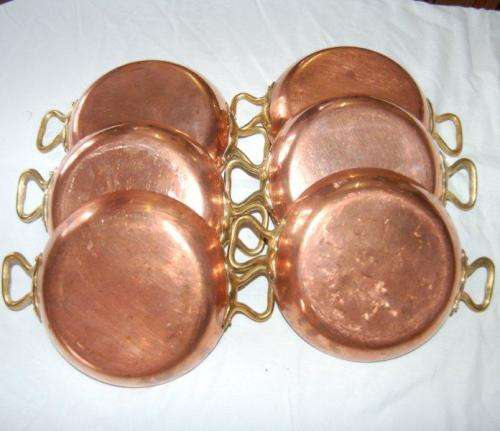 Set of 6 Copper Saute Pans with Brass Handles - Diameter 160mm Depth 30mm