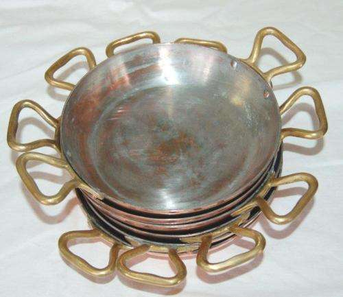 Set of 6 Copper Saute Pans with Brass Handles - Diameter 160mm Depth 30mm