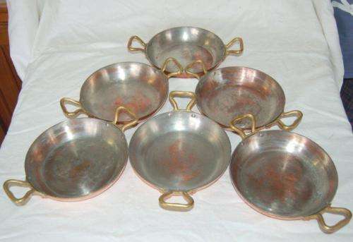 Set of 6 Copper Saute Pans with Brass Handles - Diameter 160mm Depth 30mm