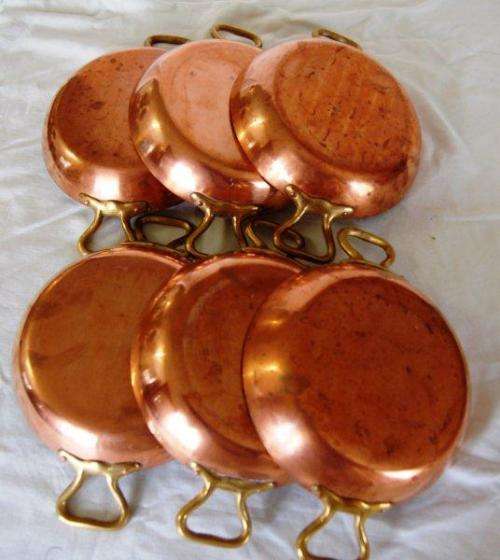 Set of 6 Copper Saute Pans with Brass Handles - Diameter 160mm Depth 30mm