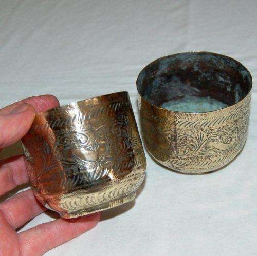 2 Etched Light Brass Containers - Height 70mm Dia 75mm