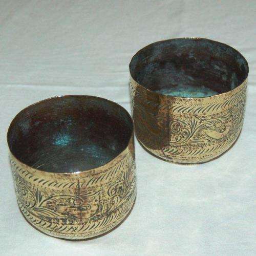 2 Etched Light Brass Containers - Height 70mm Dia 75mm